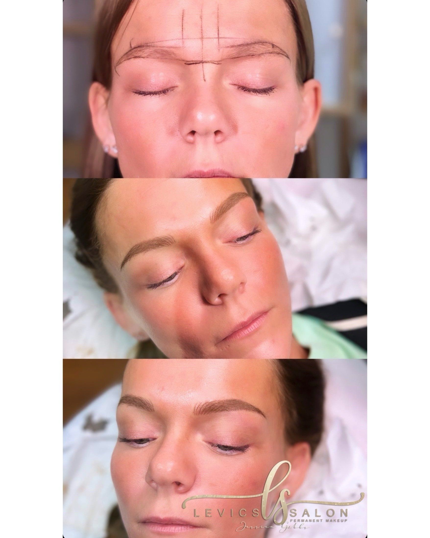 Three images of eyebrow microblading: mapping, during, and finished. Woman with closed eyes, skin redness.