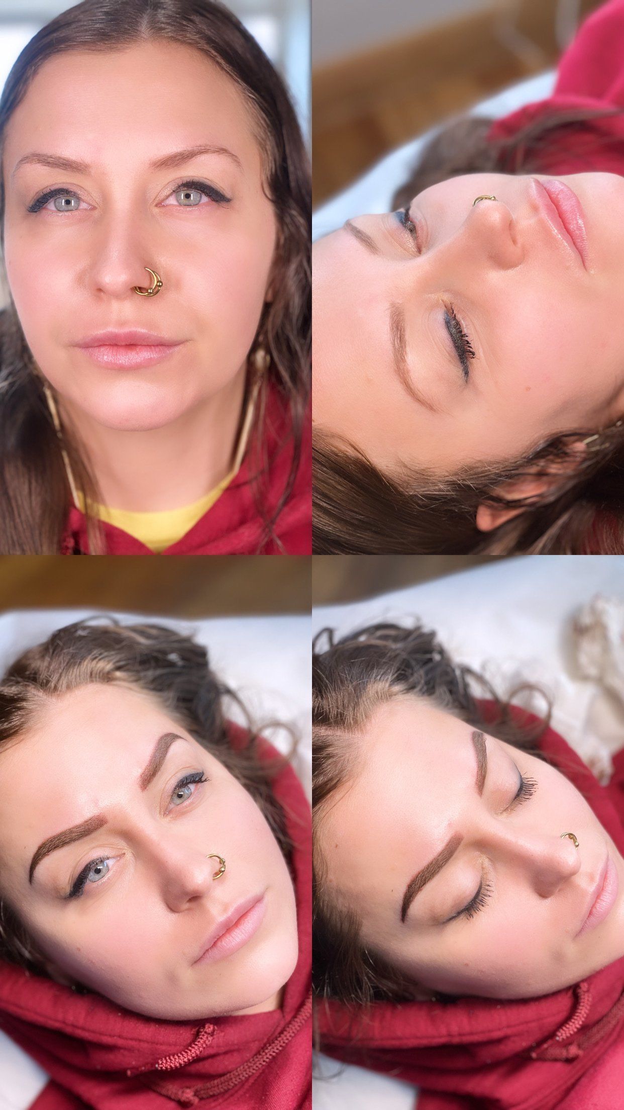 Four panels showing a woman's face. Top left: frontal view. Top right: close-up, eyes closed. Bottom: two panels of brows being worked on.
