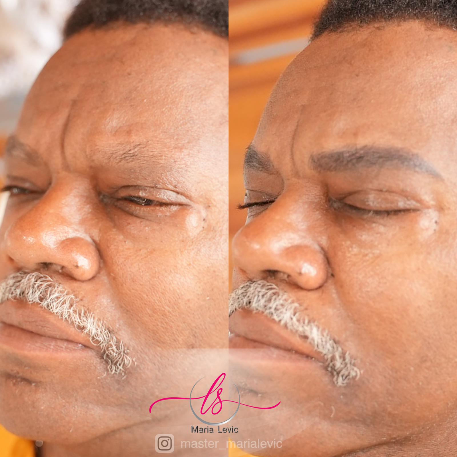 Comparison of a person's face. Left side: original eyebrows. Right side: darkened eyebrows.