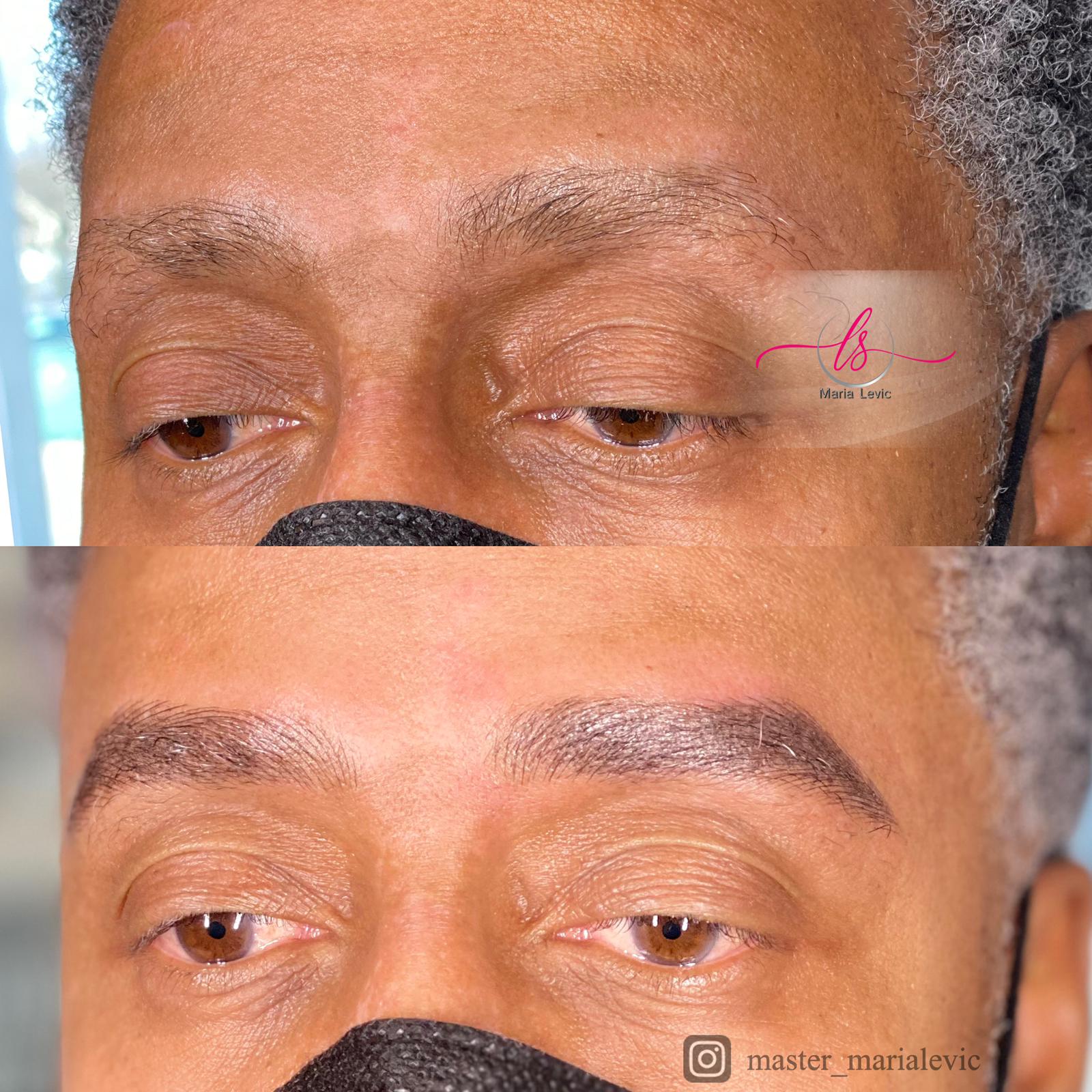 Before and after of eyebrow microblading on a person; eyebrows go from sparse to full, dark, defined shape.
