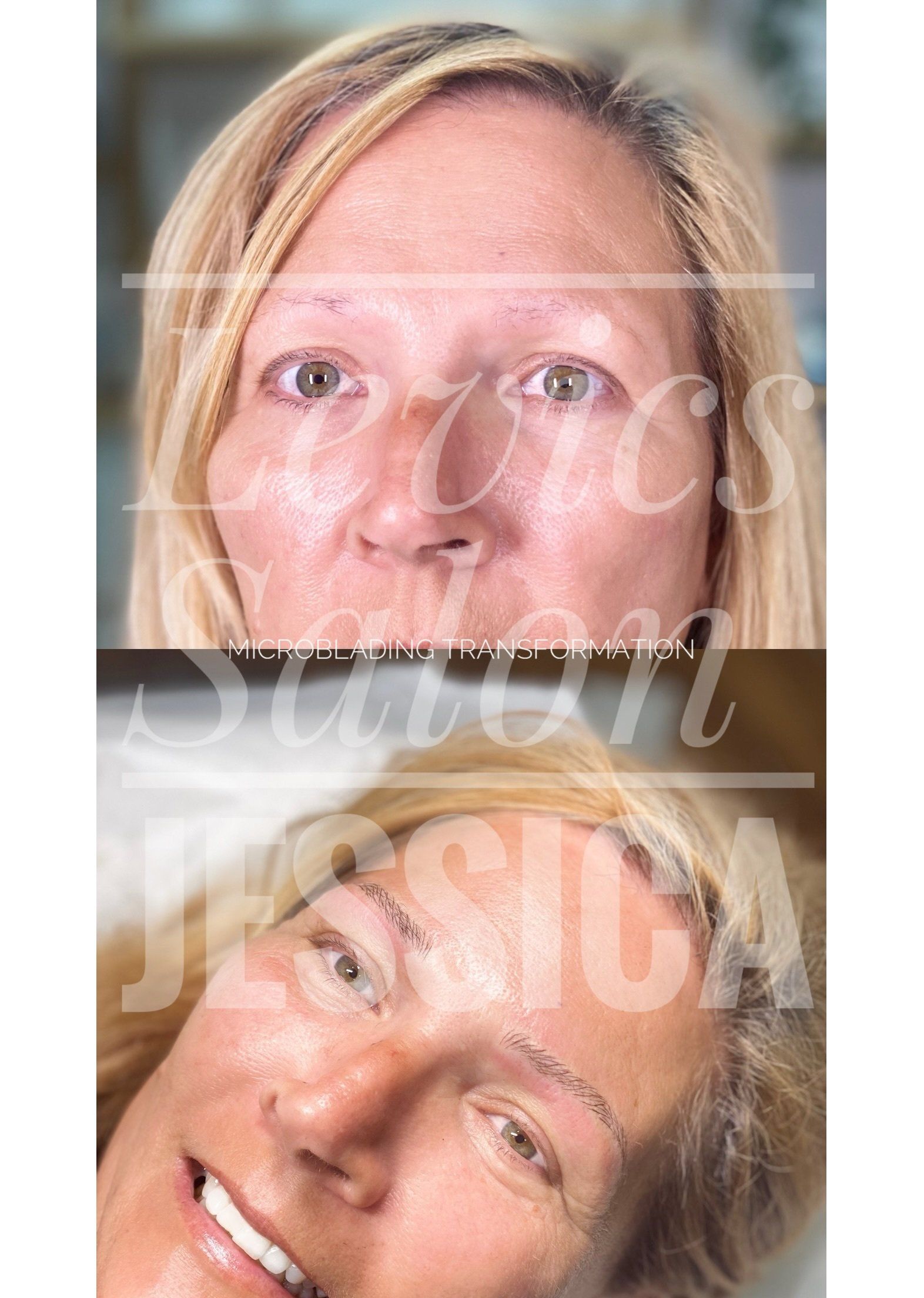 Before and after photos of a person's eyebrows; top image sparse, bottom image styled.