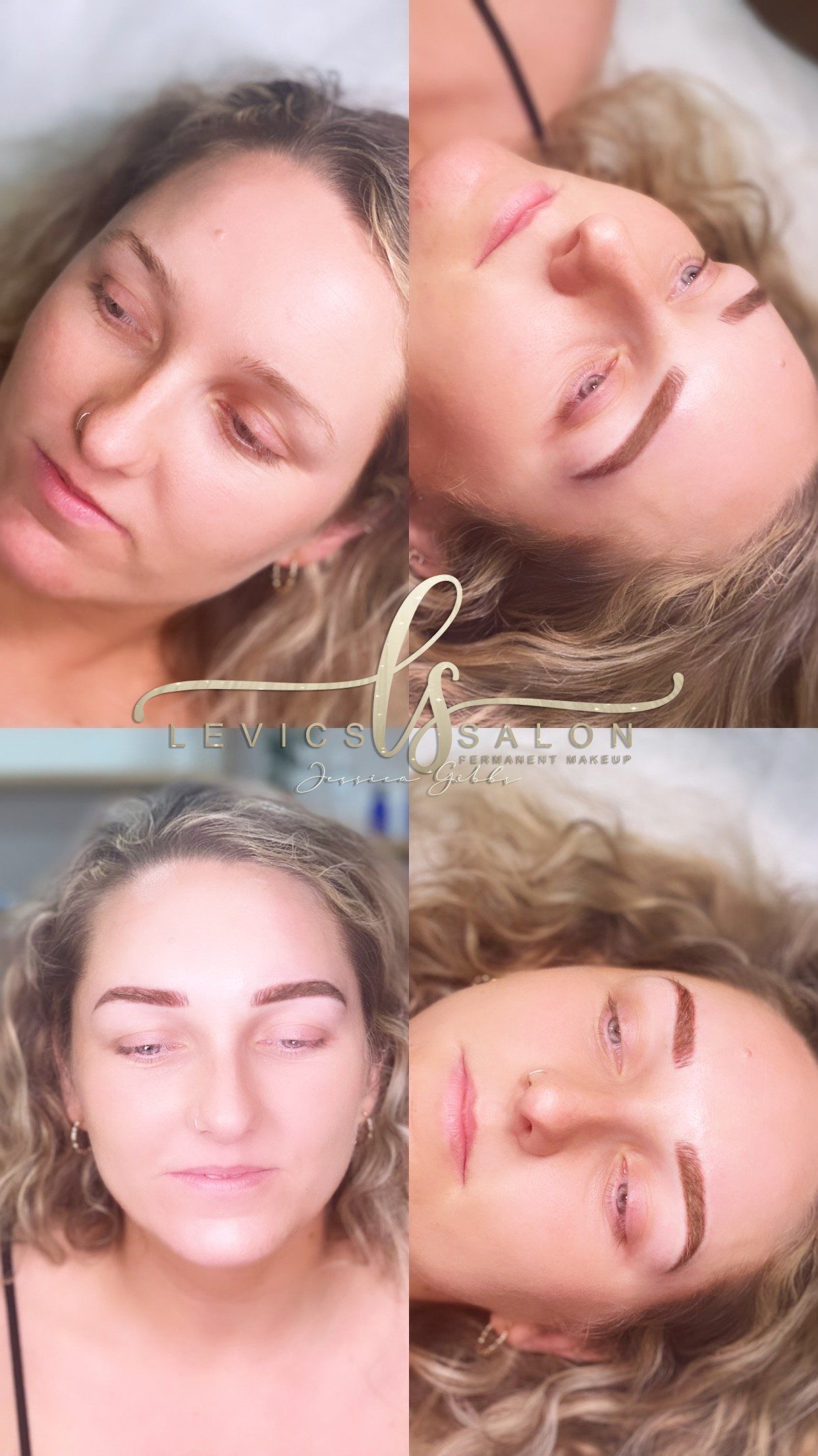 Before and after photos showing eyebrow transformations on a person with curly blonde hair.