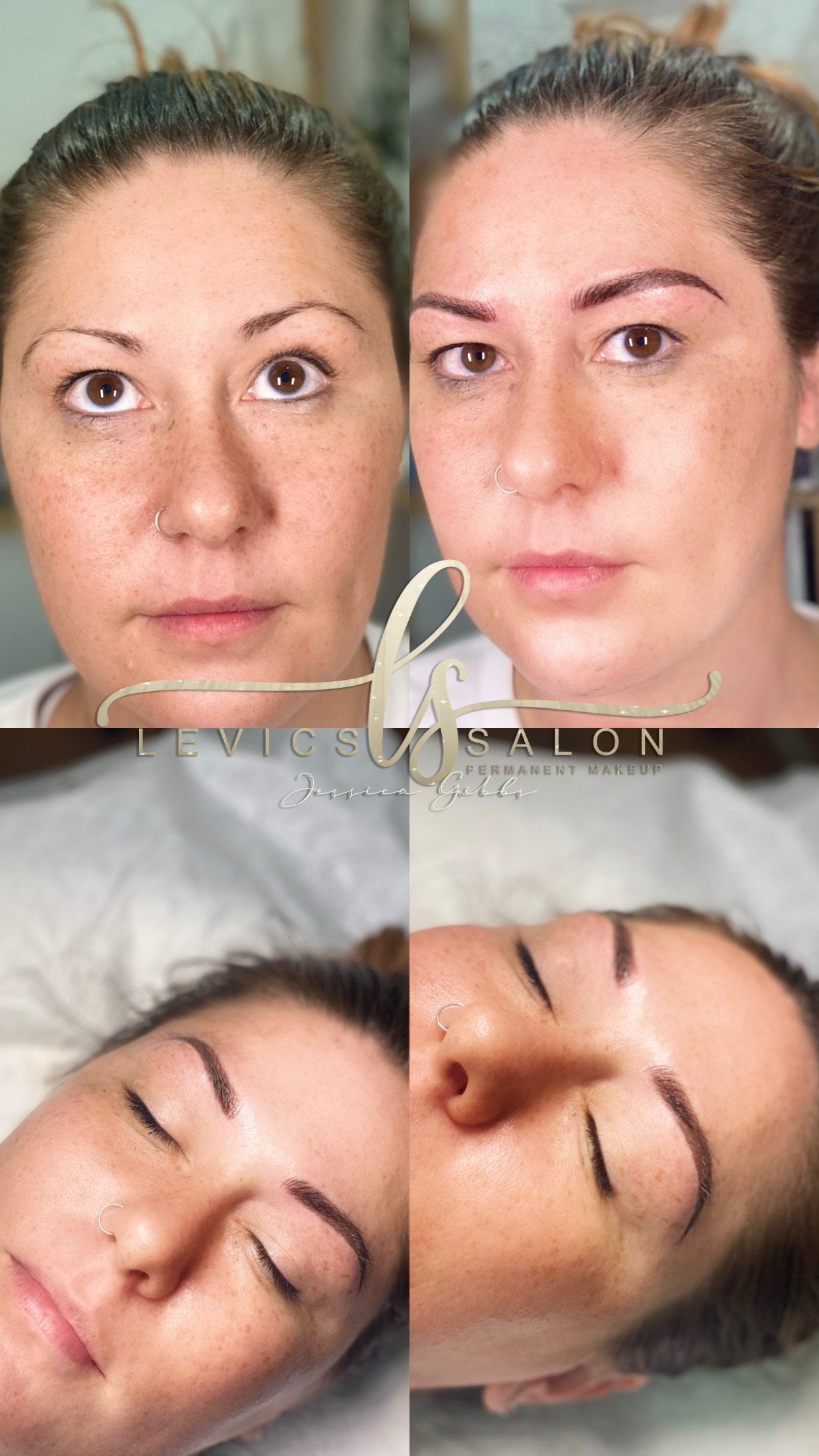 Before and after photos of eyebrow enhancements. Person has fuller, darker eyebrows in the “after” shots.