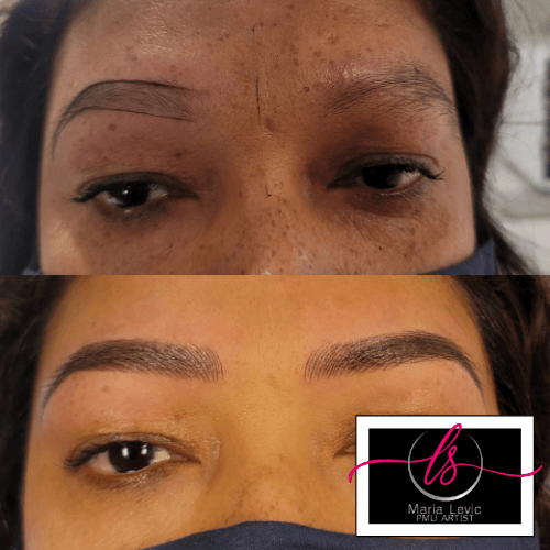 Before and after photo of eyebrows; top shows sparse brows, bottom shows filled-in, defined brows.
