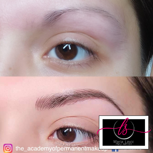 Comparison of eyebrows before and after microblading, brown eyes.