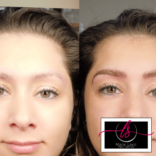 Before and after eyebrow microblading: Woman with sparse brows before, filled brows after.