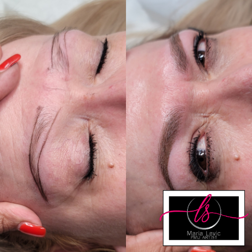 Before and after eyebrow microblading: left shows sketched brow lines, right has filled brows.