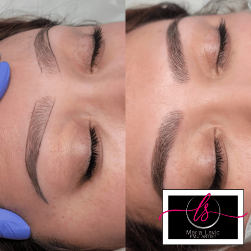Eyebrow microblading before and after: Two close-up views of a woman's eyes, showing the transformation of her eyebrows.