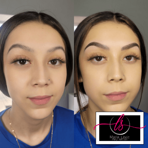 Before and after photos showing eyebrow transformation. The woman has a nose ring, a blue top, and a pink logo.