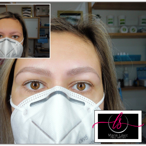 Close-up of person with enhanced eyebrows, wearing a mask, with a before/after inset and logo.