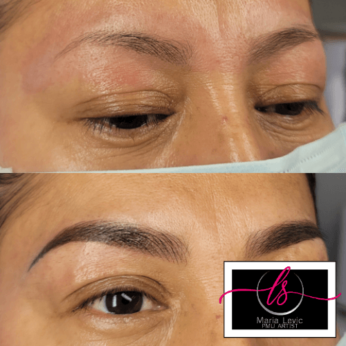 Before and after photos of eyebrows; top image has sparse brows, bottom has filled-in, defined brows.