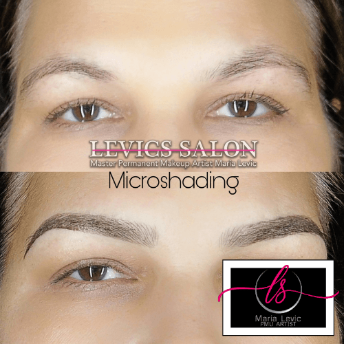 Before and after microshading eyebrow comparison. Top: Sparse brows. Bottom: Shaded, fuller brows.