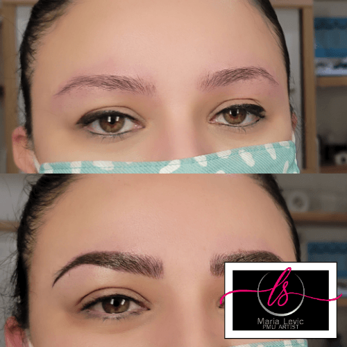Before and after of eyebrow microblading on a woman's face. Top shows sparse brows, bottom shows filled-in, defined brows.