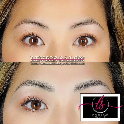 Before and after brow enhancement. Brown-eyed woman with sparse eyebrows, then with microbladed brows.
