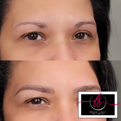 Before and after of eyebrow tattoo. Light brown eyebrows are more defined in the after photo.