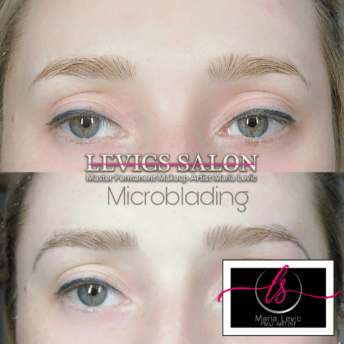 Before and after microblading on light eyebrows. Dark eyeliner. Salon logo in bottom right.