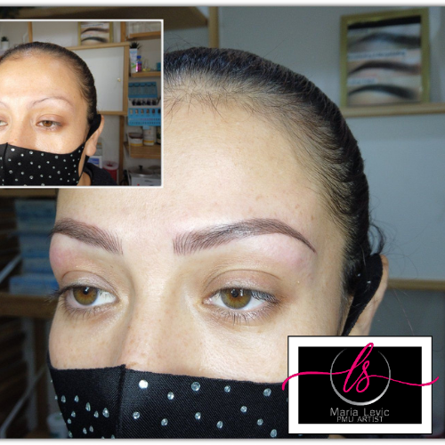 Eyebrow makeover: Before and after. Woman's face with new eyebrow tattoo, wearing a mask. Studio setting.