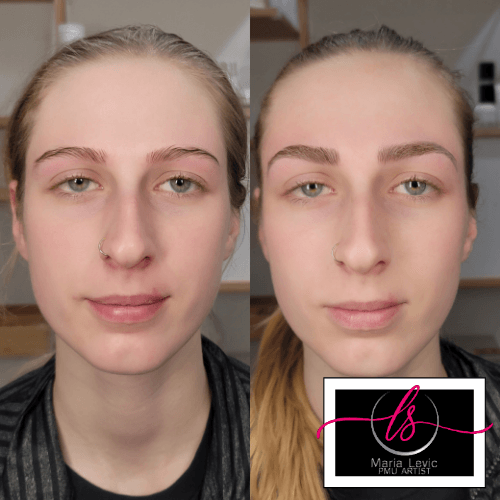 Before and after microblading on a woman's eyebrows. The right side shows filled-in brows with the artist’s logo.