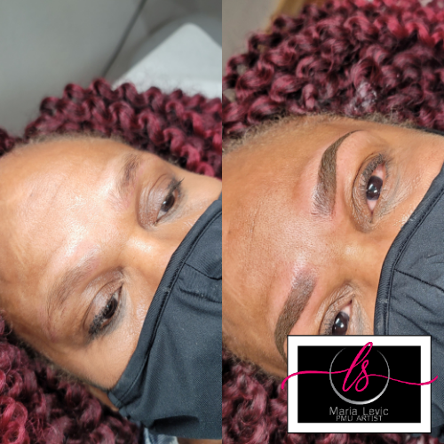 Before and after: Eyebrow microblading. A person's face with sparse brows on the left, full brows on the right, wearing a mask.