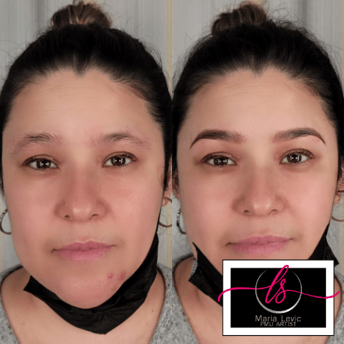 Before and after of a woman's eyebrows; left side with sparse brows, right with filled-in, defined brows.