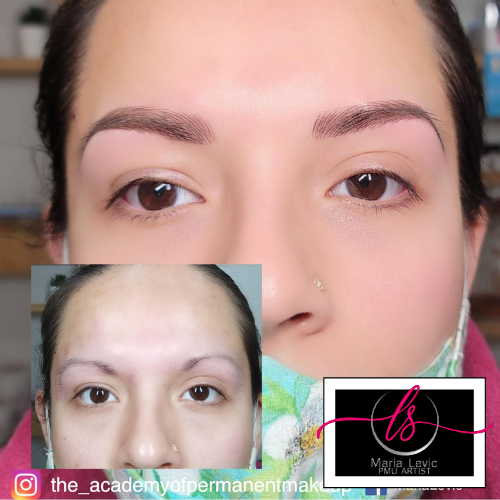 Woman with new eyebrow microblading; before and after photos shown.