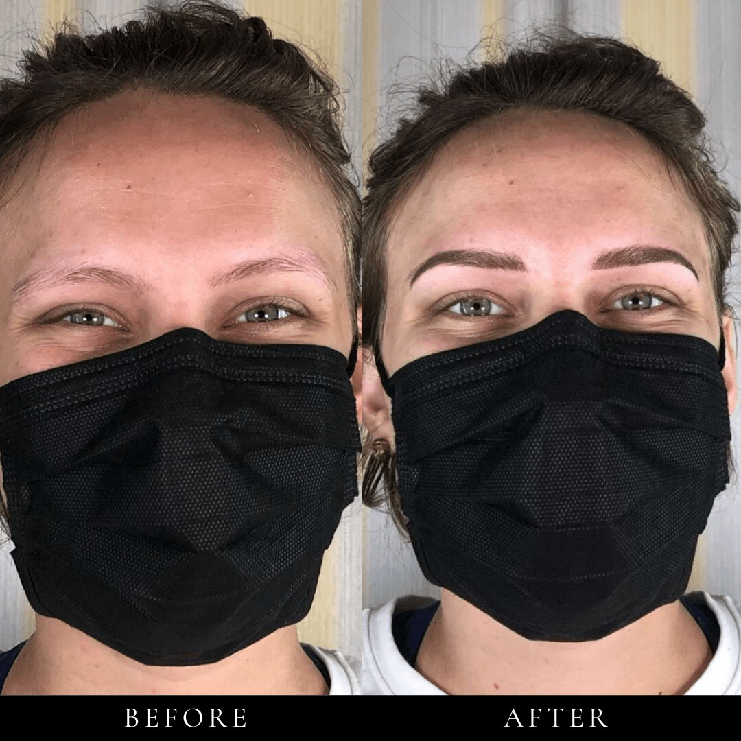 Side-by-side comparison of a person's face before and after eyebrow micropigmentation; wearing a black mask.