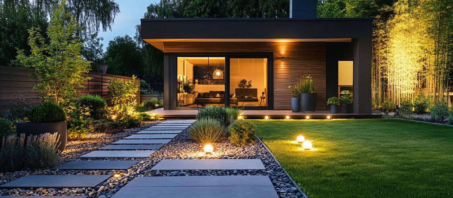 Lit pathway leads to a modern home at dusk, surrounded by landscaping and soft lights.