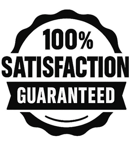 A black and white sticker that says `` 100 % satisfaction guaranteed ''.