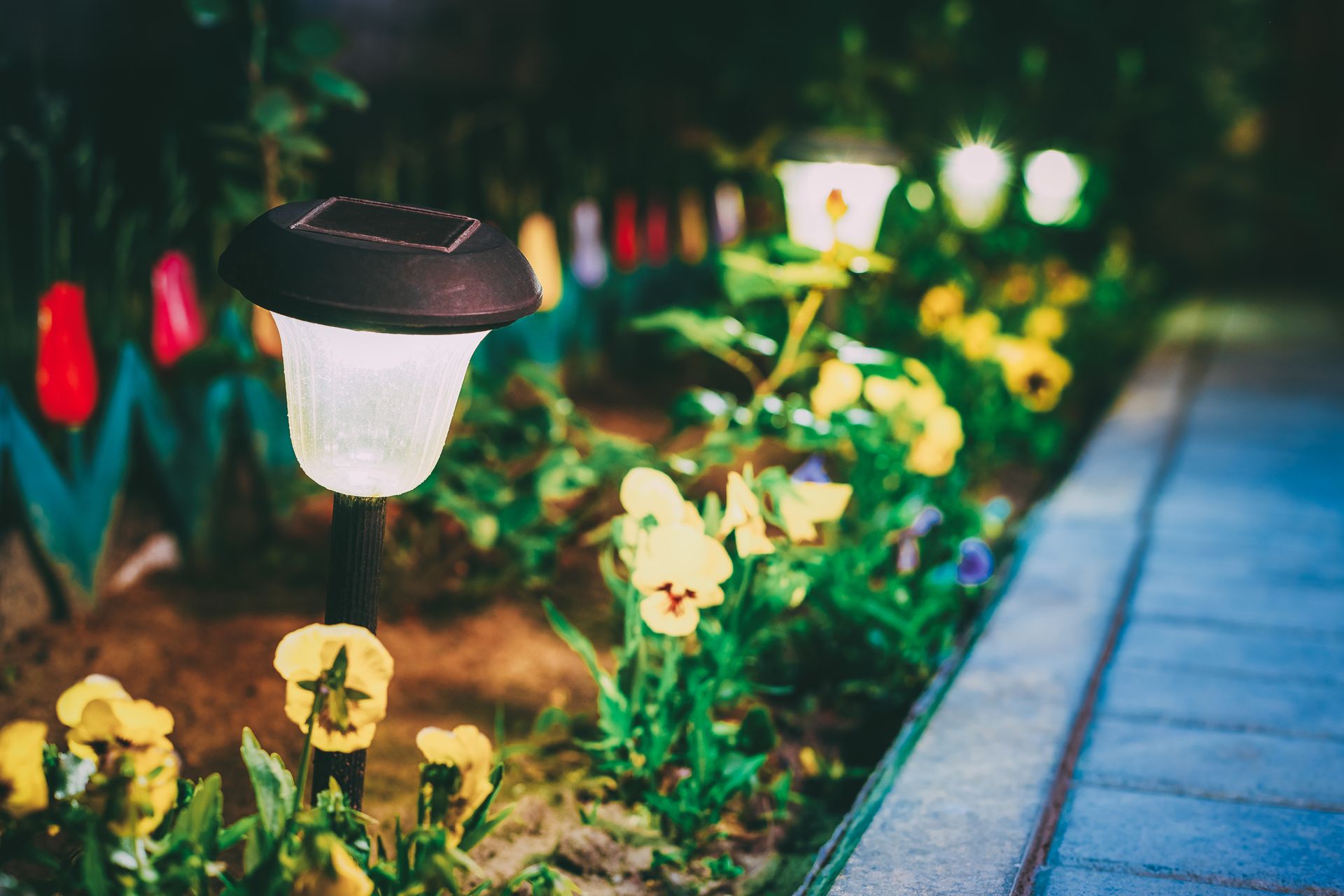 A solar powered lamp is sitting in the middle of a garden.