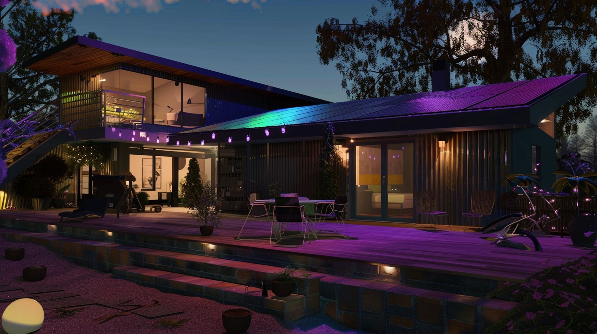 A house with purple lights on the roof is lit up at night.