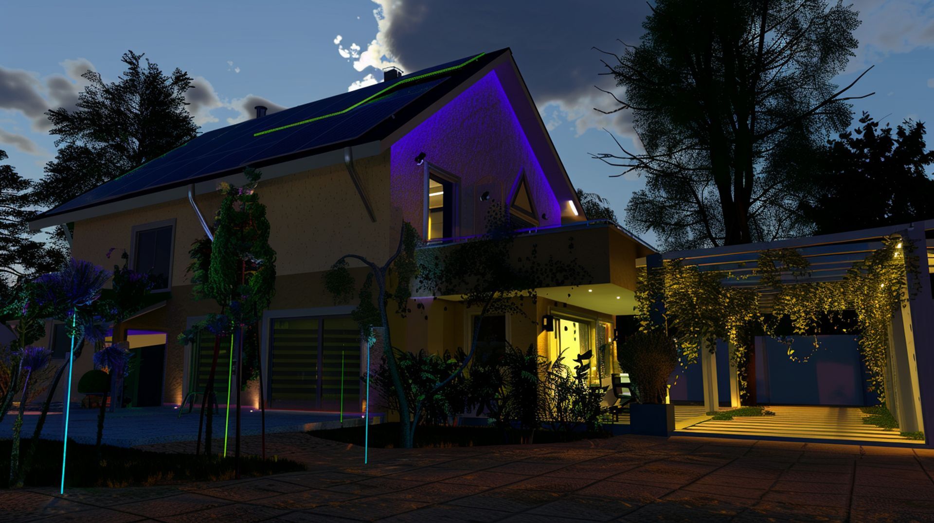 A house with purple lights on the roof at night