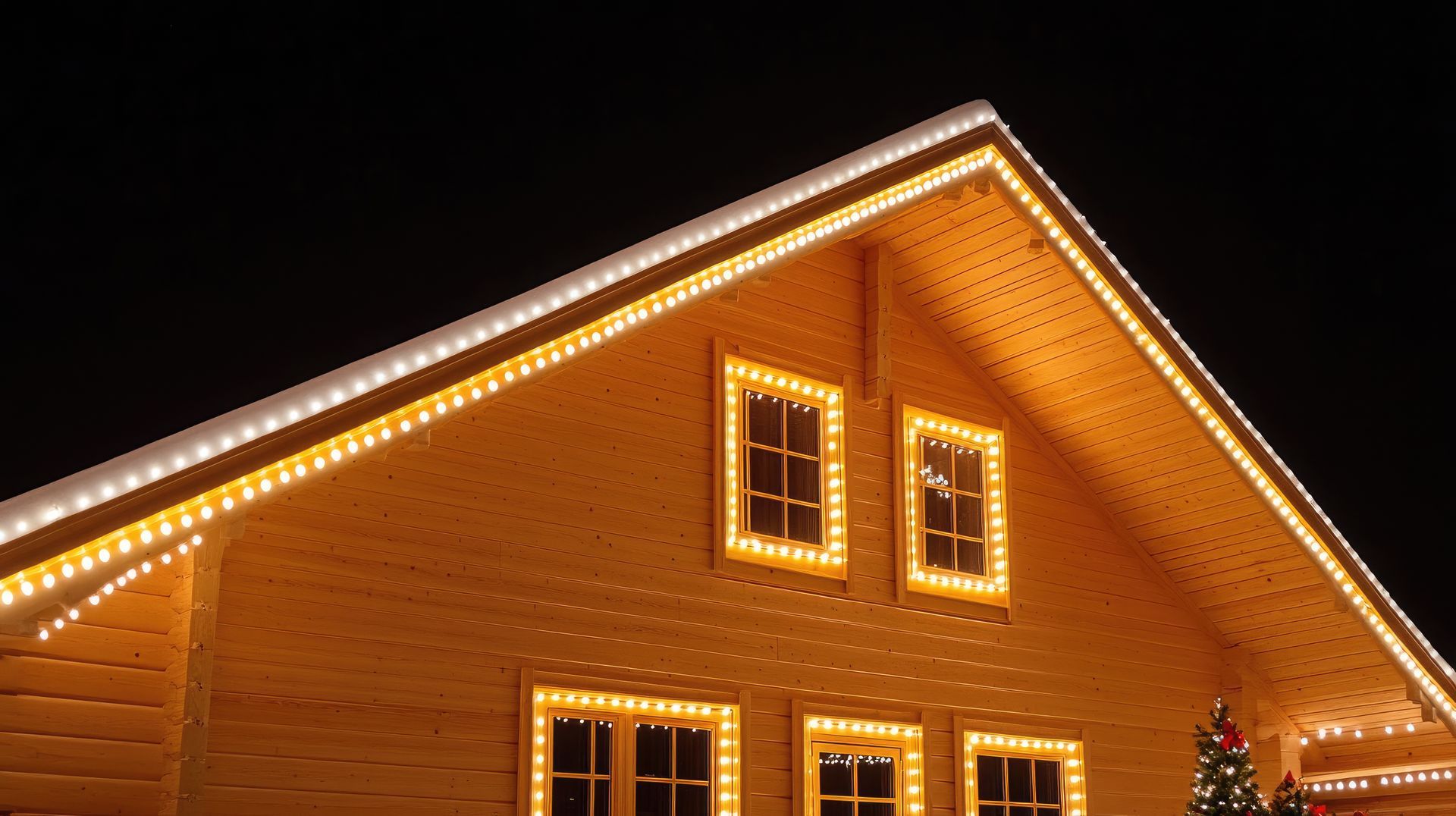 A wooden house is lit up with christmas lights at night.