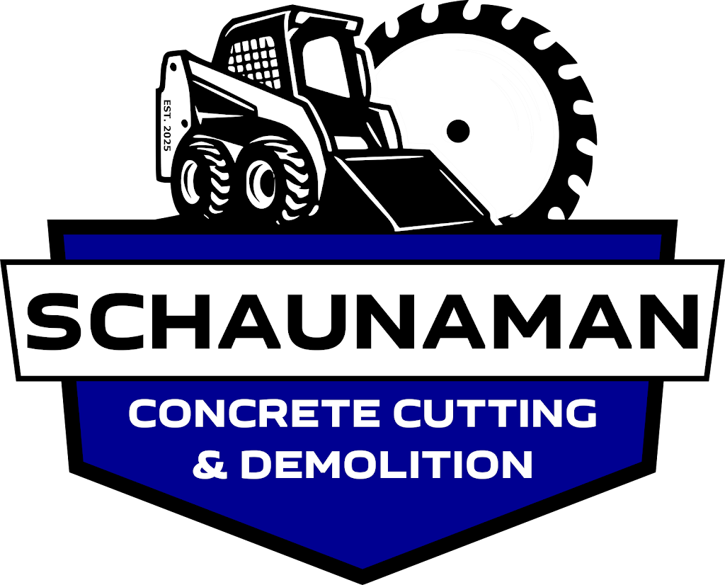 Logo for Schaunaman, a concrete cutting and demolition company, featuring a skid steer and circular saw.