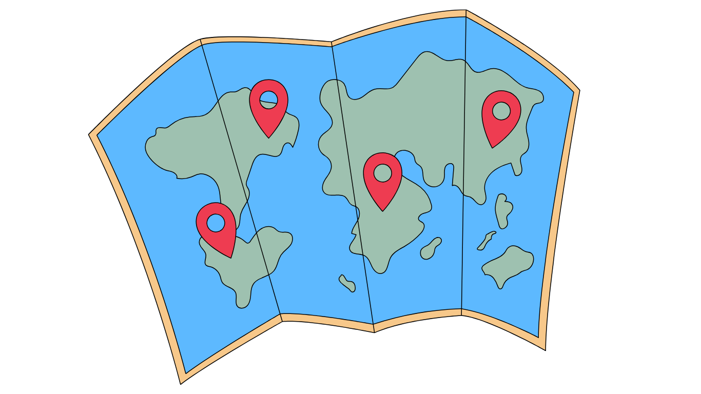 Map with four red location markers.