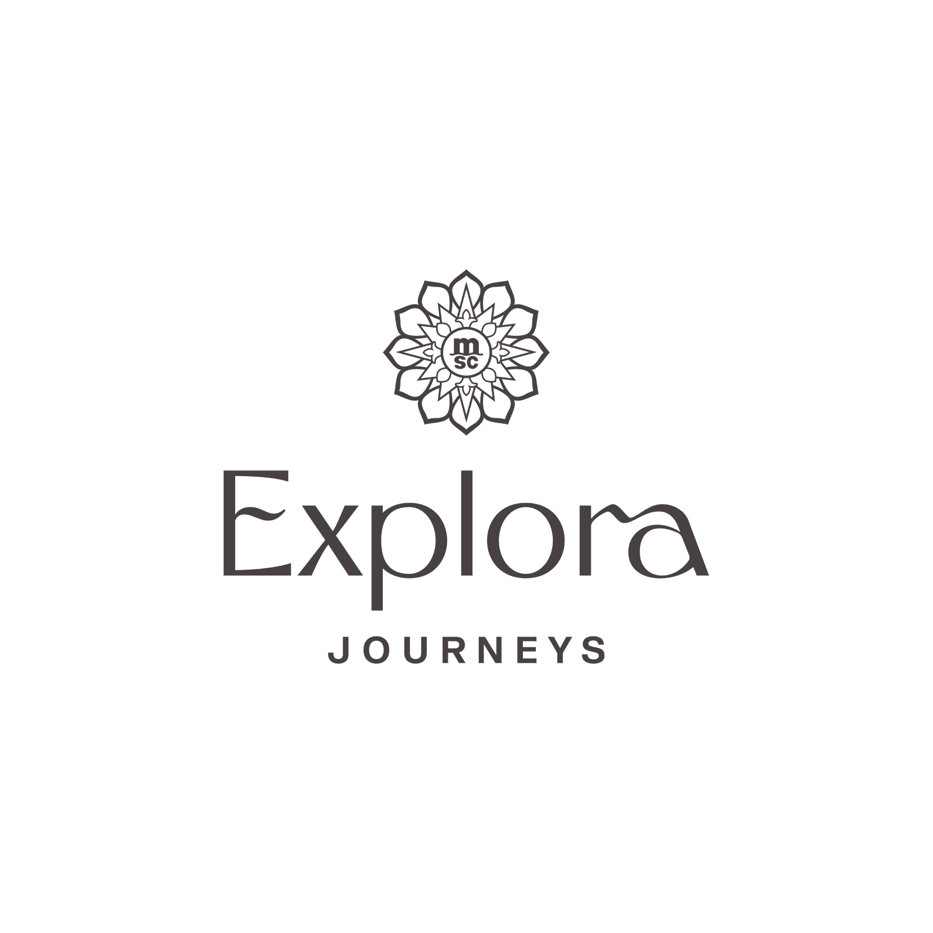 The logo for explora journeys is a black and white logo with a flower in the middle.
