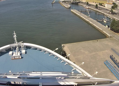 An aerial view of a cruise ship docked in a harbor