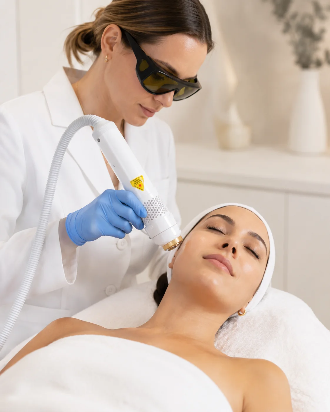 Aesthetic practitioner performing an Aerolase Neo Elite laser treatment on a client in a clean clinical setting at Luxe Beauty in Mississauga.