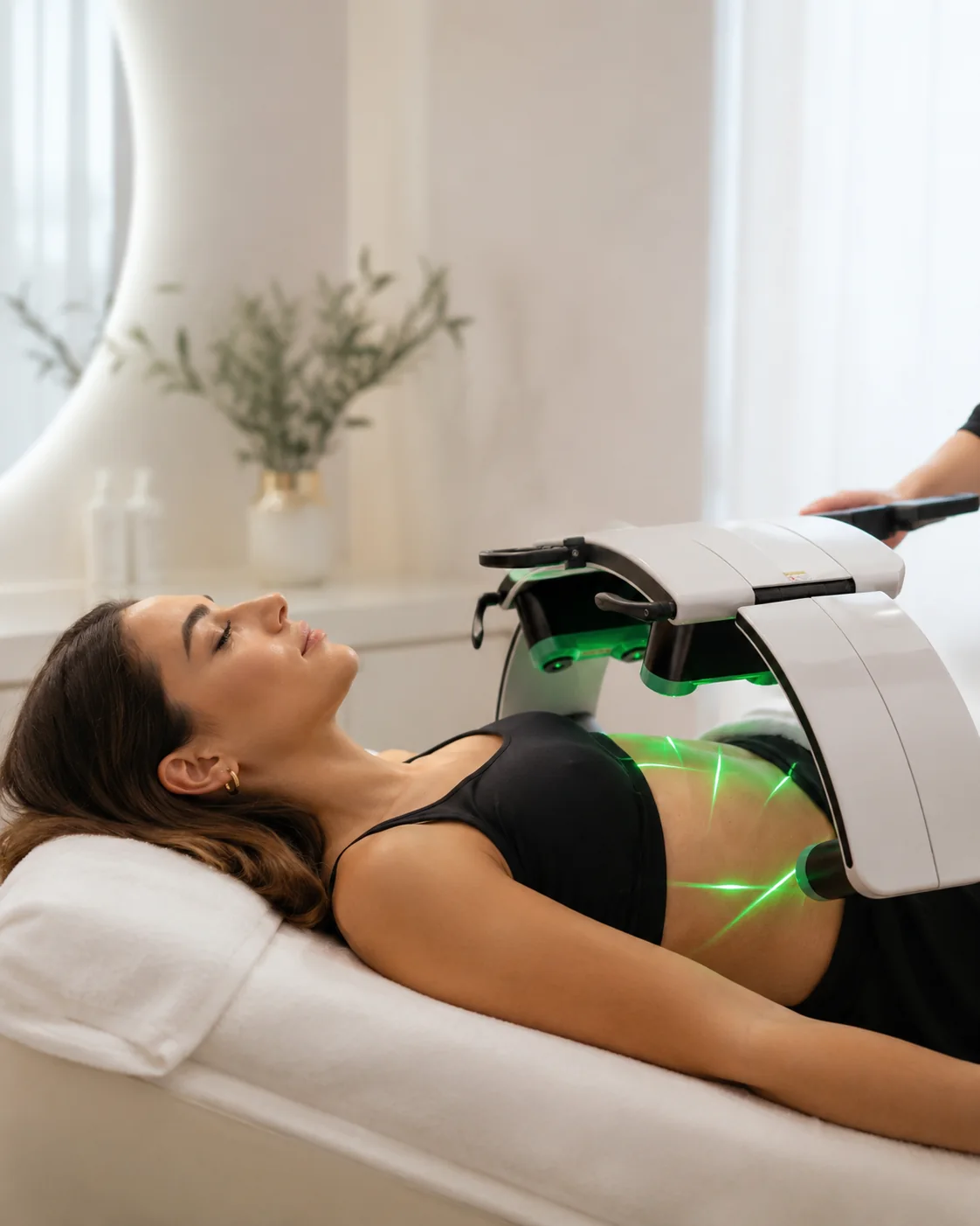 Client receiving an Emerald Sculpt body contouring treatment in a clean, modern treatment room at Luxe Beauty in Mississauga.