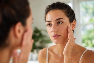 Woman examining her skin during a skincare routine, illustrating the connection between inflammation