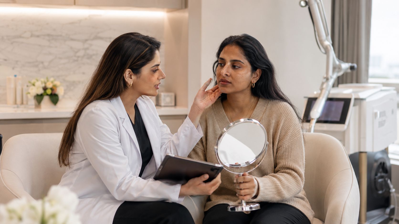 Skin specialist performing a personalized consultation before laser and skin rejuvenation treatment