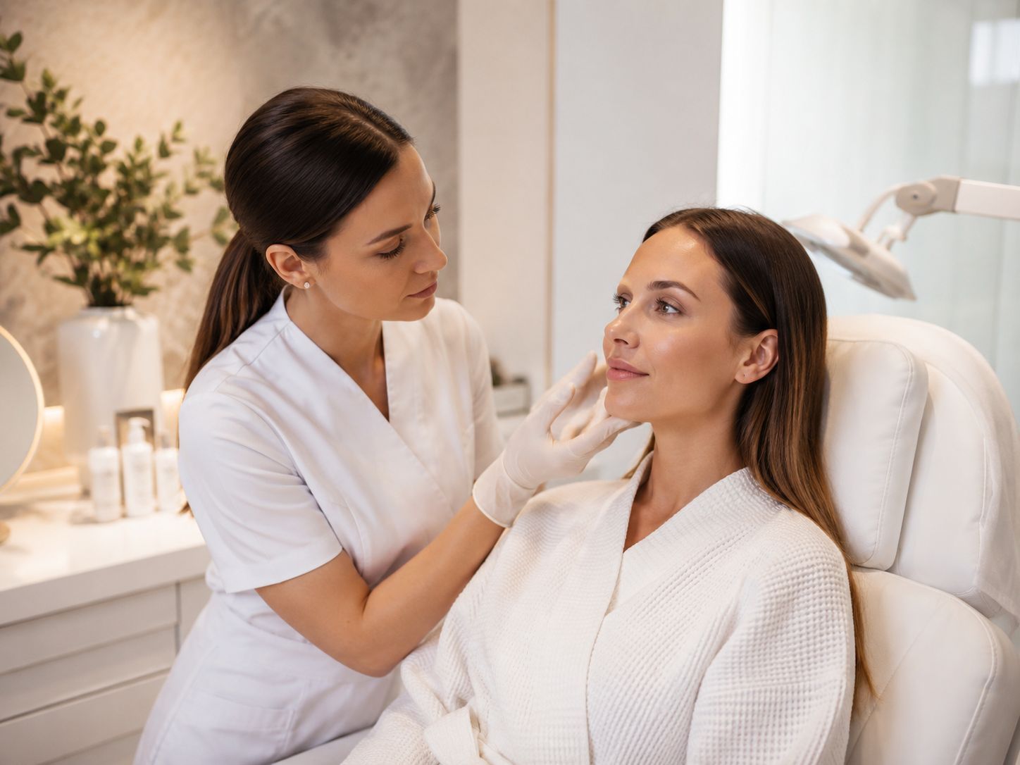 Skin specialist assessing uneven skin tone during a personalized pigmentation consultation at a prem
