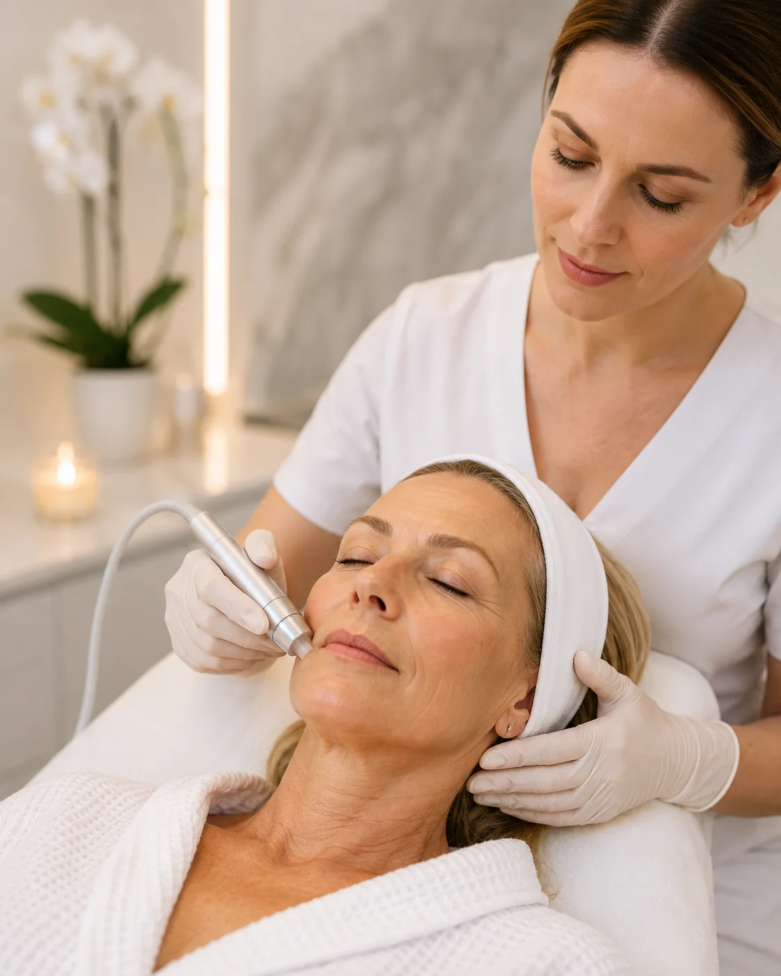 Mature woman receiving a professional skin rejuvenation treatment from an aesthetic practitioner in a clean modern treatment room at Luxe Beauty in Mississauga.