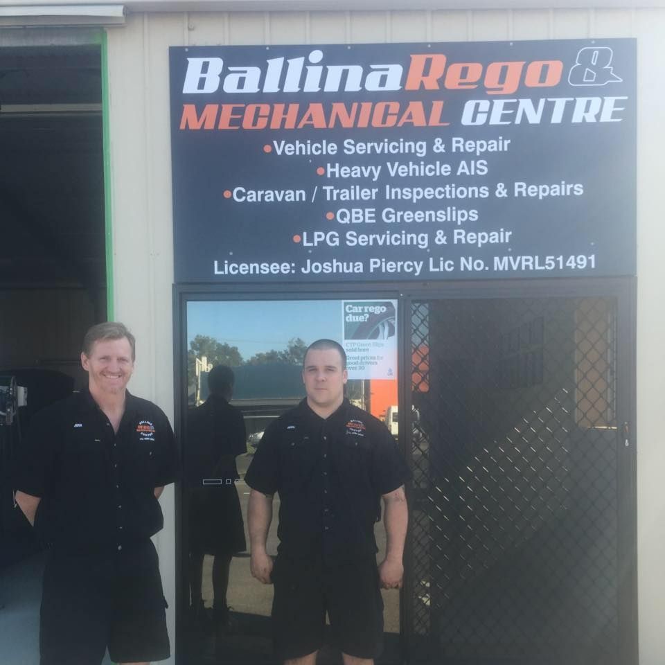 Two men standing in front of the workshop β Ballina Rego & Mechanical Centre In Ballina, NSW