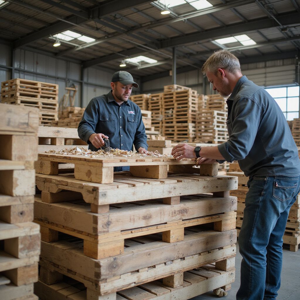 Two men inspecting wooden pallets in a warehouse.