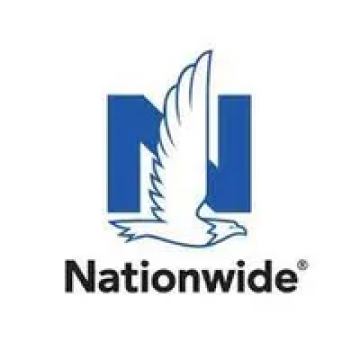 A blue and white logo with an eagle on it.