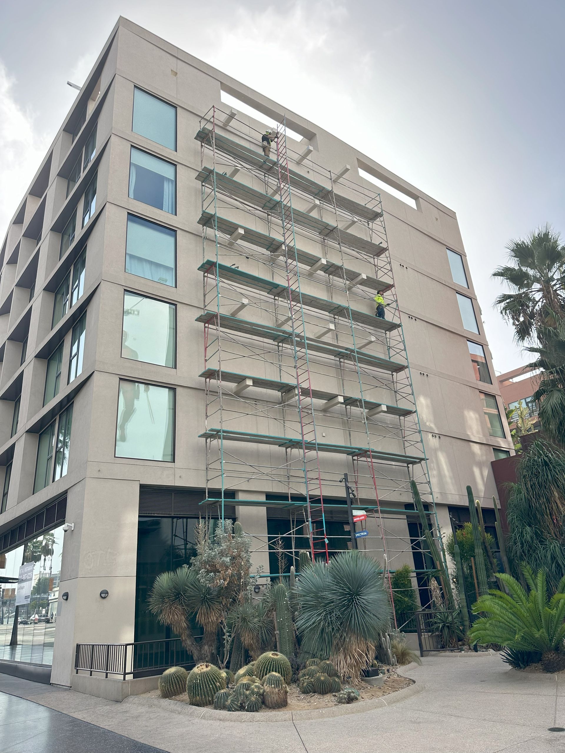 Scaffolding on a beige building. A worker is visible on the scaffolding. Trees and plants are in front of the building.