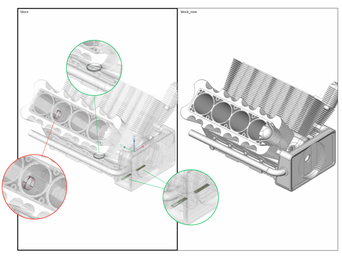 3D compare opens two drawing files and then reports the differences in 3D solids and 3D surfaces using color coding. This lets you quickly see the changes made to otherwise identical-looking drawings. The differences are represented as separate entities displayed in two viewports – red entities for additions, green for subtractions.