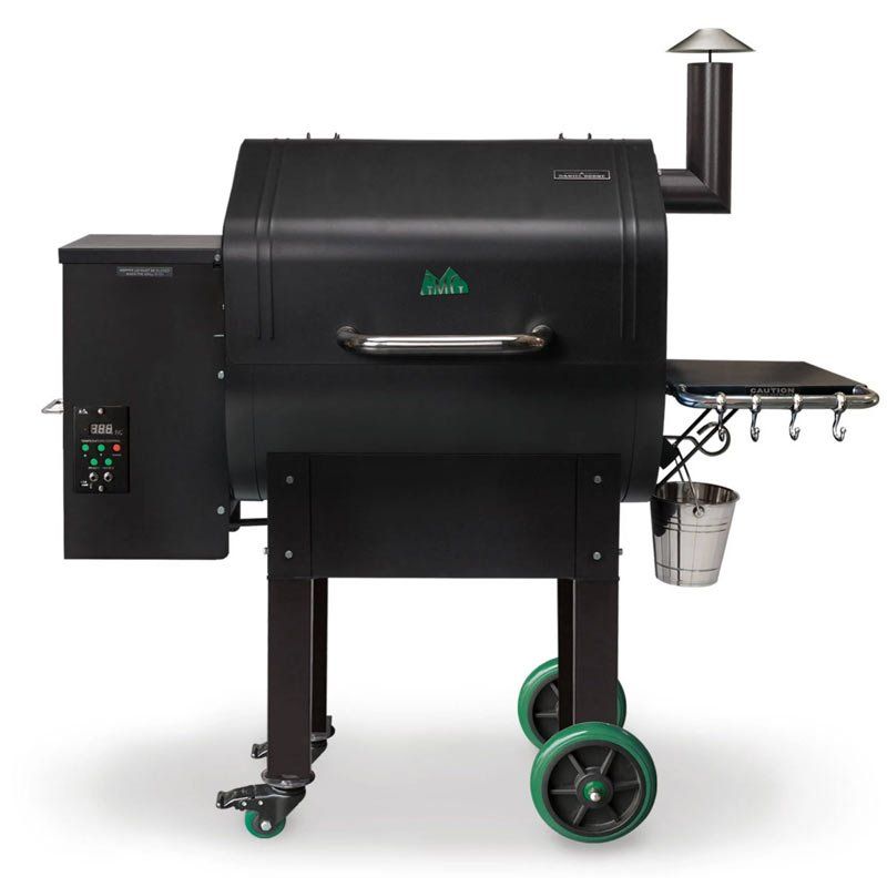 Black Green Mountain pellet grill with a side shelf and bucket.