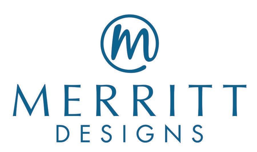 Logo for Merritt Designs: Blue text with a circled
