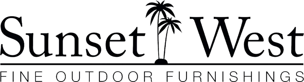 Sunset West logo with palm trees, black text and a horizontal line.